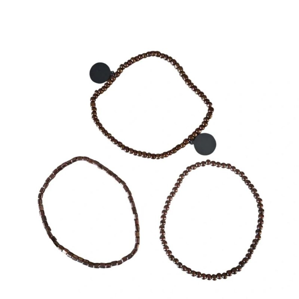 Bronze Toned Bundle of 3 Round and Cubed Beaded Lightweight Stretch Bracelets